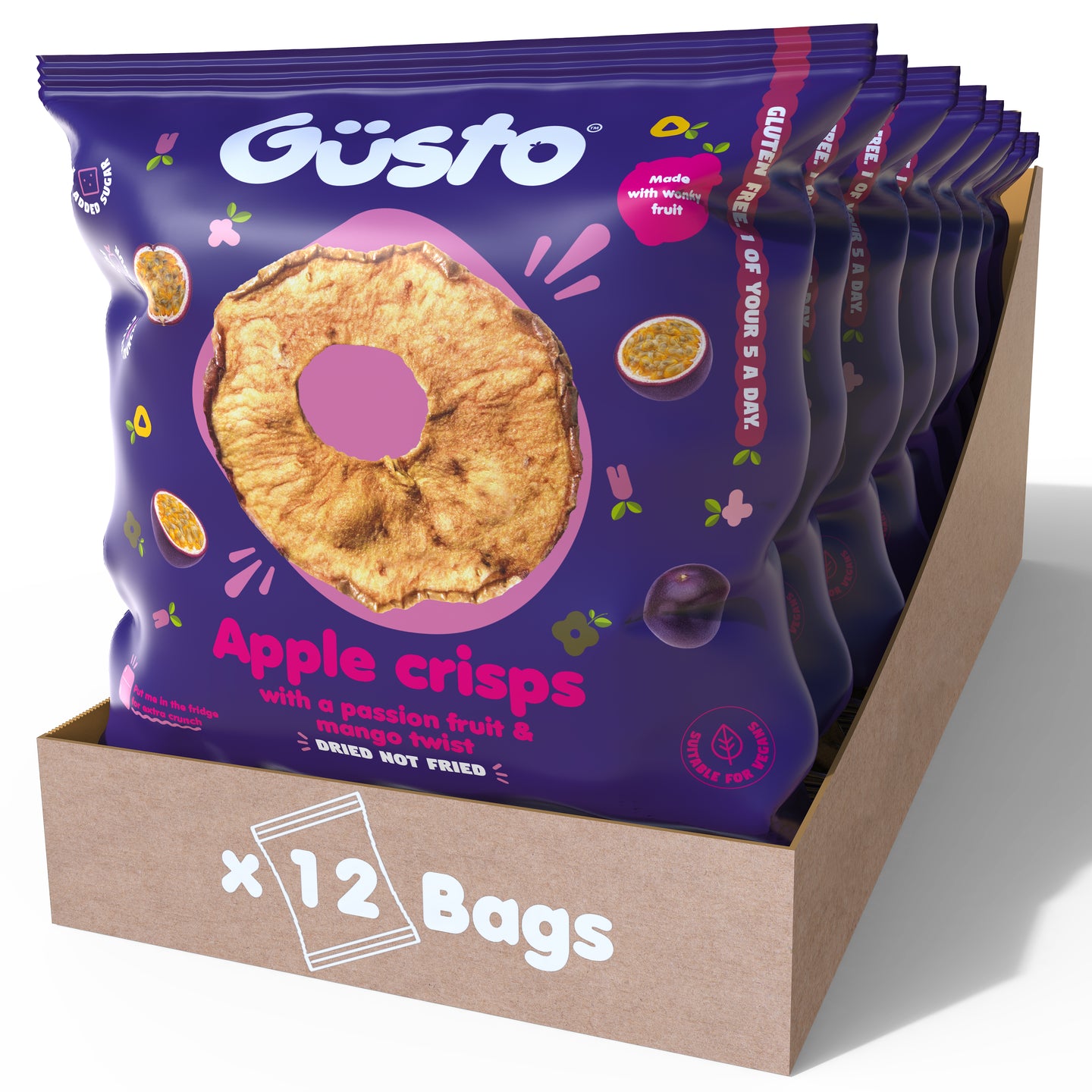 Air-dried apple crisps with a passion fruit & mango twist.