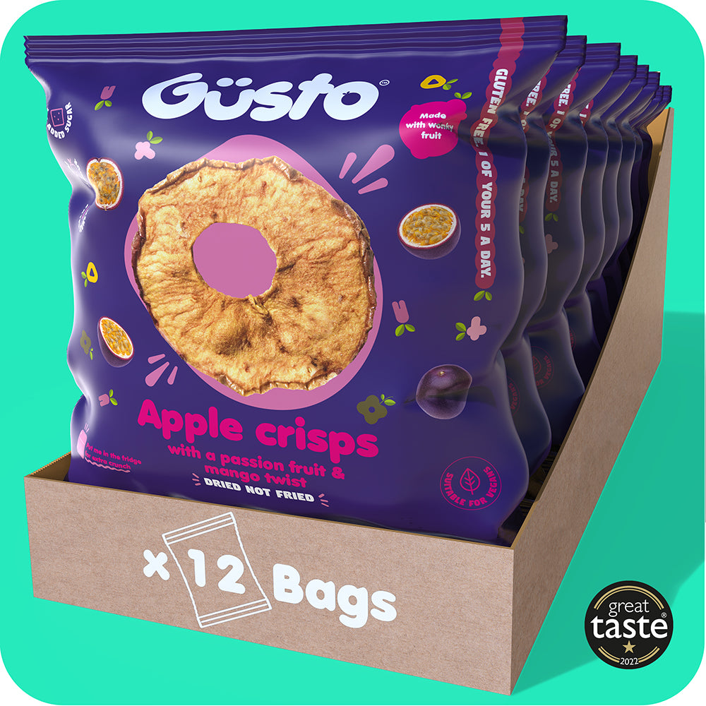 Air-dried apple crisps with a passion fruit & mango twist.